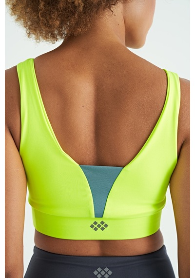 Tommy Life Neon Sarı Yazı Baskılı Renk Bloklu Dar Kalıp Dalgıç Kumaş Kadın Büstiyer - 97271 Neon Sarı