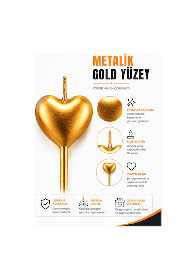 4'lü Gold Kalpli Doğum Günü Mumu 14 Cm Metalik Kalp Pasta Mumu Dekoratif Kutlama Mumu