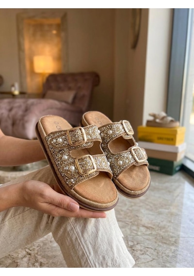 Guja 225 Kadın Çift Toka Taşlı Hasır Detay Comfort Terlik Bej