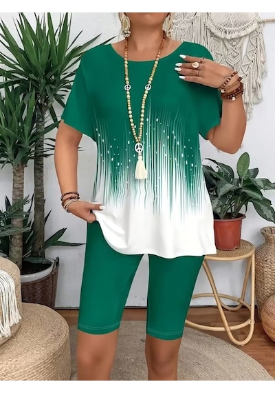 Efnaz Style Kadın Kısa Kollu Bisiklet Yaka Desenli Dalgıç Bluz Ve Tayt Ikili Takım Yeşil
