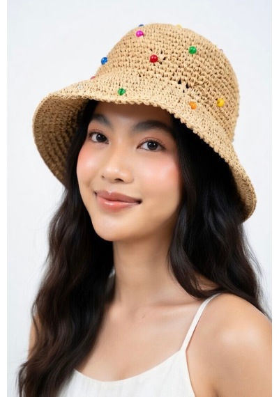 Mollycrush Kadın Renkli Boncuk Detaylı Camel Hasır Bucket Şapka El Örgüsü Yazlık Trend Kova Stil Camel