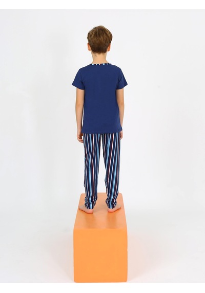 Vitmo Erkek Çocuk Kısa Kollu %100 Pamuklu Düğme Detaylı Wave Pijama Takımı İndigo