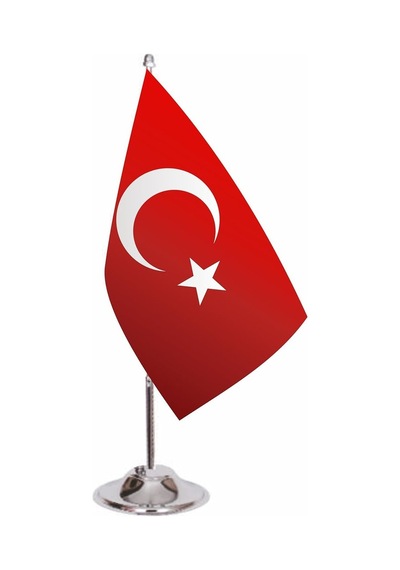 Türk Masa Bayrağı 15 X 23 Cm Çift Taraflı Baskılı Lüks Saten Kumaş 33 Cm Krom Direkli, 7.8 Cm Ağır Me 1