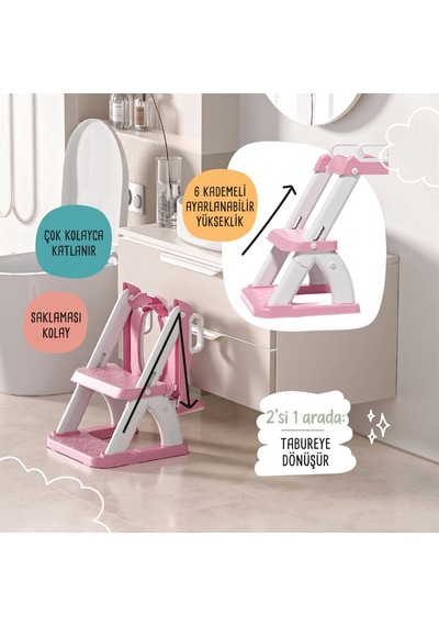 Latrina Pro Basamaklı Çocuk Tuvalet Eğitim Seti - Katlanabilir Klozet Küçültücü - Pembe