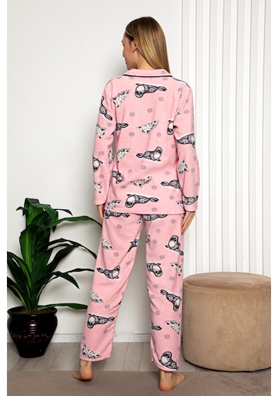 Nisanca Bayan Kışlık Welsoft Peluş İnci Polar Düğmeli Pijama Takımı 'ipeksi Doku' Pembe