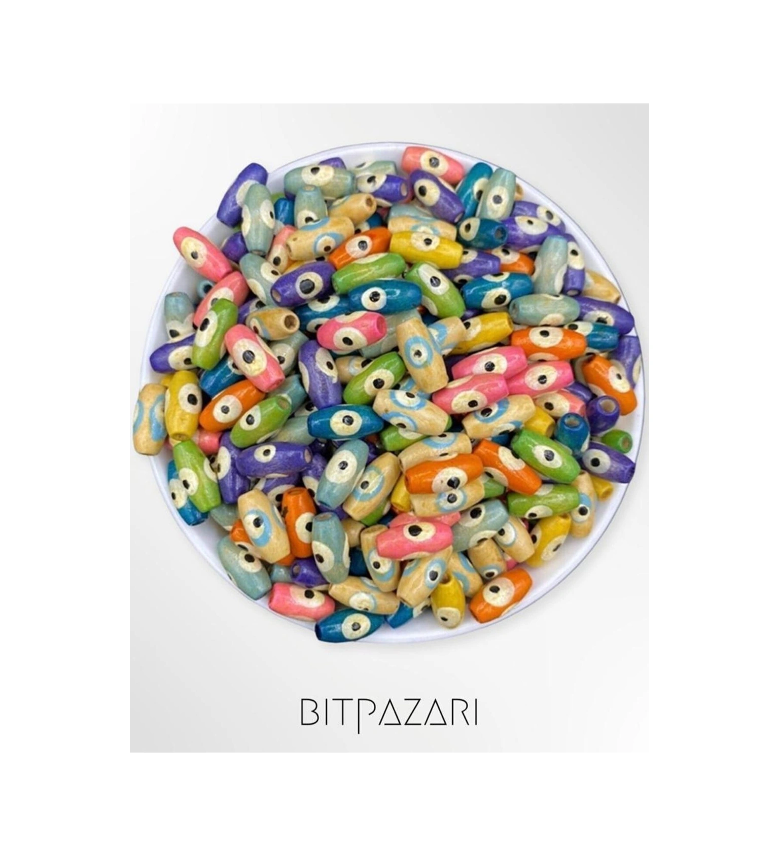 Özel Üretim 14 Mm Mini Oval Murano Gözlü Ahşap Boncuk - 60 Adet -