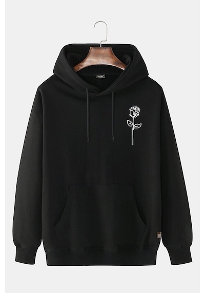Unisex Derin Siyah Önü Gül Baskılı Kapşonlu Sweatshirt Derin Siyah