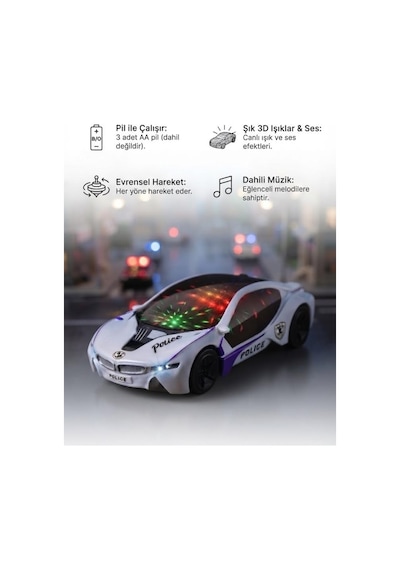 Çarp Dön Araba 1:18 Ölçekli 25 Cm Müzikli Ve 3d Işıklı Pilli Eğlenceli Oyuncak Polis Arabası Beyaz