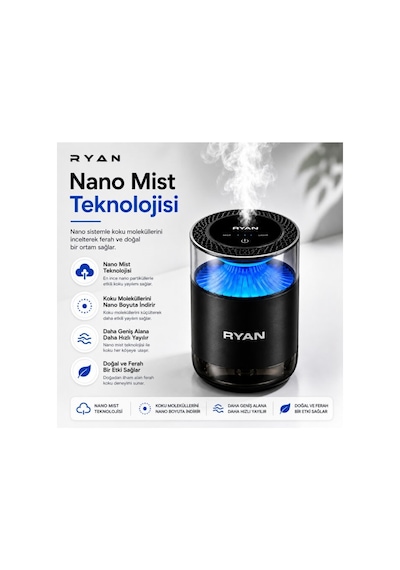 Ryan Cloud Mist Pro Akıllı Araç İçi Koku Difüzörü Nano Mist, 360 Koku Yayılımı, 7 Renk Led, 800 Mah, 2 Kartuşlu