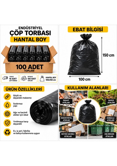 Endüstriyel Çöp Torbası Hantal Boy 100x150 Cm 800 Gr 10 Rulo 100 Adet