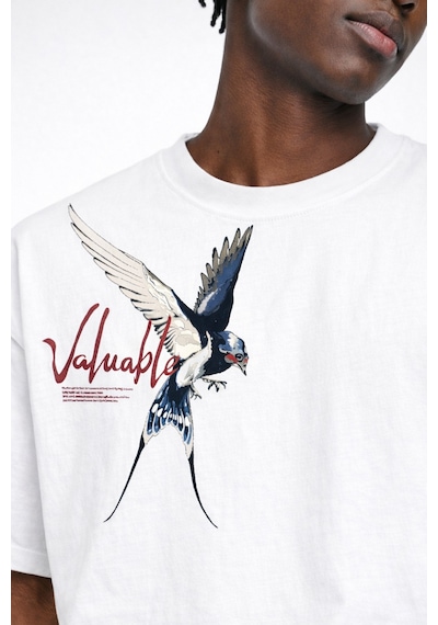 Yolo Street Erkek Oversize Kuş Baskılı Beyaz Tişört %100 Pamuk Streetwear Beyaz