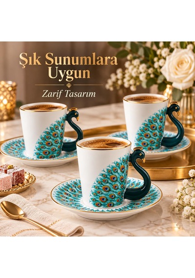Valkyrie Peacock Serisi 6 Kişilik 12 Parça Tavus Kuşuporselen Türk Kahvesi Fincan Takımı 90ml Yeşil
