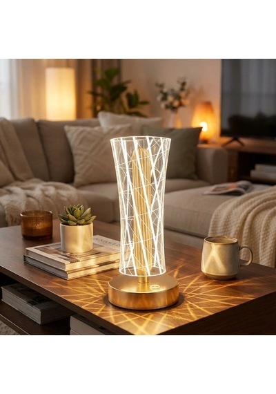 Silindirik Kristal Çizgi Model Led Masa Lambası Gold Tabanlı, Dokunmatik, 3 Renk Işık Modlu, Şarjlı Modern Dekoratif Gece Lambası 5570 Beyaz