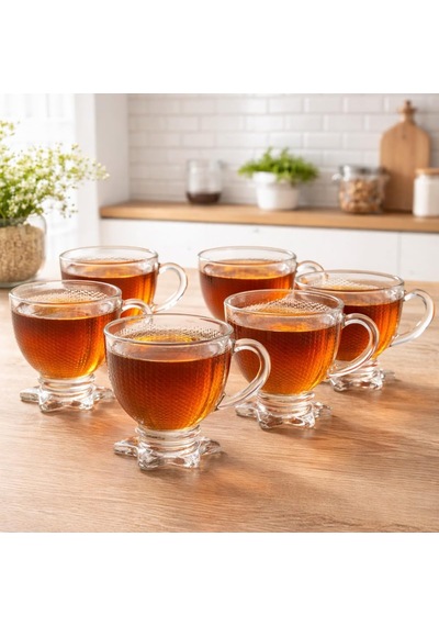 Tr 6'li Cam Çay Fincanı Seti 210 Ml Yıldız Ayaklı Kendinden Desenli Kulplu Çay,kahve Fincanı Takımı Şeffaf Genel