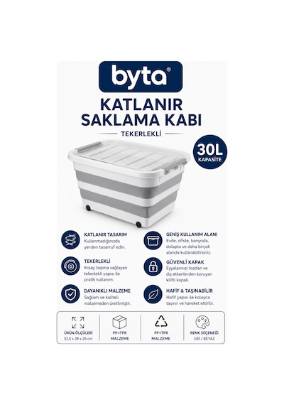 30 Litre Tekerlekli Katlanır Saklama Kutusu Oyuncak, Giysi Ve Ev Düzenleme Organizeri Kapaklı Gri/beyaz Gri