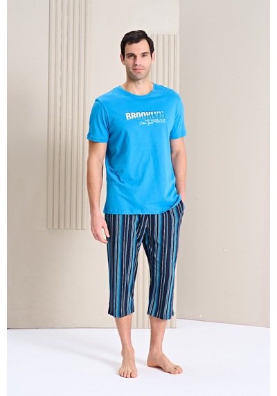 Over Sleep By Poleren Erkek Pijama Takımı Kapri & Bermuda Kısa Kol Mavi