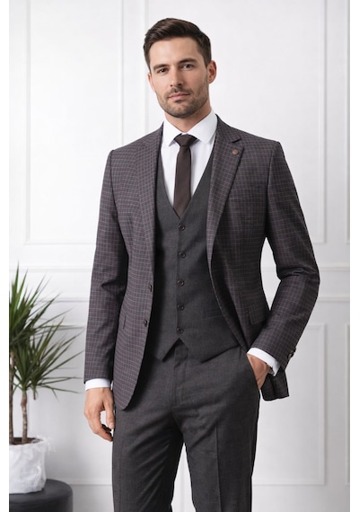 Fabio Cassel Slim Fit Mono Yaka Çift Yırtmaçlı Astarlı Takım Elbise Yelekli Kahverengi