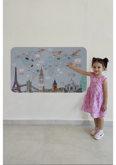 Eğitici Dünya Haritası Dünya Atlası Çocuk Ve Bebek Odası Duvar Sticker-85x130-3820 Çok Renkli