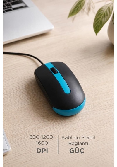 Aksesuar Bilgisayar Günlük Mouse Optik Sessiz Ve Ergonomik Tasarım Kablolu Fare Tm06 Mavi