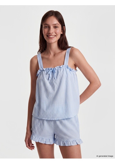 Lcw Dream Ekru Ekose Kadın Şortlu Pijama Takımı