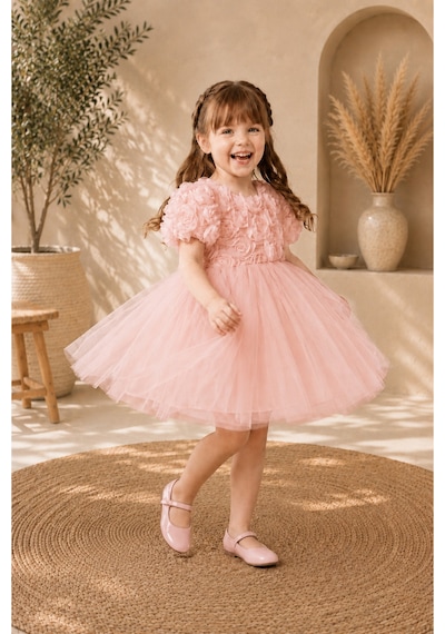 Miço Kids Kız Çocuk 3d Gül Detaylı Tül Abiye Elbise Pembe