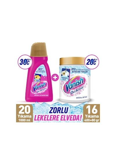Vanish Oxi Action Deterjan Güçlendirici ve Leke Çıkarıcı Sıvı Renkliler 1 L + Toz Kristal Beyaz 480 Gr