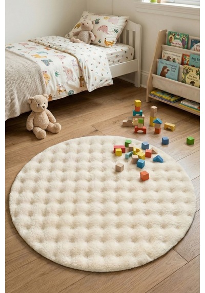 Yuvarlak Puffy Bubble Yumuşak Peluş Halı , Kaymaz, Yıkanabilir, Antre, Hol, Mutfak Halısı Krem