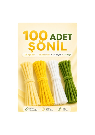 100 Adet Şönil Tel 30 Cm Sarı Beyaz Yeşil Tüylü Hobi Teli El İşi Ve Dıy Çiçek Yapımı