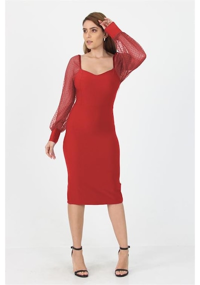 Neşeli Butik Kadın Yeni Sezon Kolları Tül Midi Boy Likralı Elbise Nb10004 Kırmızı