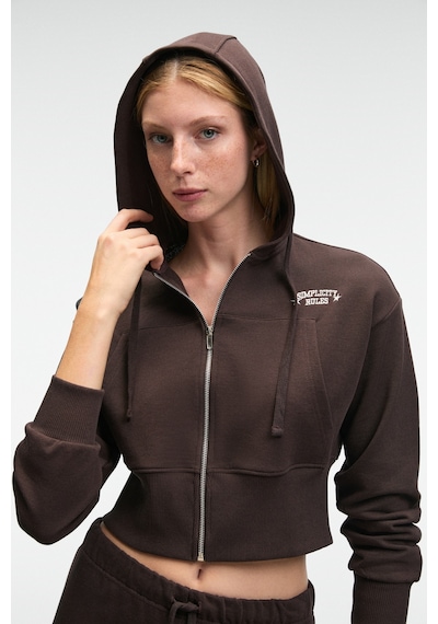 Grımelange Elara Kadın Metal Fermuarlı Nakışlı Kapüşonlu Crop Koyu Kahverengi Sweatshirt Koyu Kahverengi