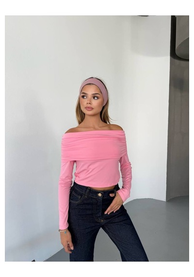 Kechi Woman Dalgıç Kumaş Madonna Yaka Pembe Bluz