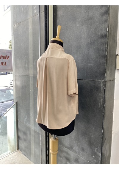Pera Moda Kısa Kollu Salaş Viskon Gömlek Bej