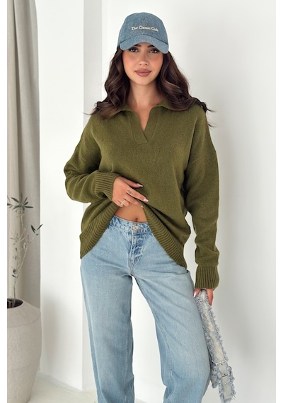 Femelle Haki Kadın Polo Yaka Oversize Triko Kazak - Standart Beden Yumuşak Dokulu - 8551
