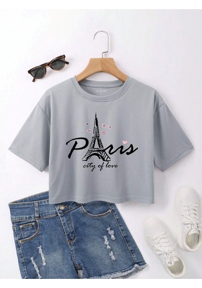 Paris City Of Love Baskılı Kadın Crop Boyama Gri T-shirt Gri-280993