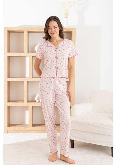 Nisanca Venice Dream %100 Pamuk Minimal Desenli Kadın Pijama Takımınefes Alabilir, Rahat Ev Giyim Seti Pembe