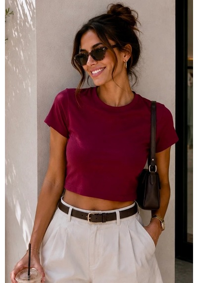 Bbbutikbasic %100 Pamuk Basic Crop Tişört My3535 Bordo