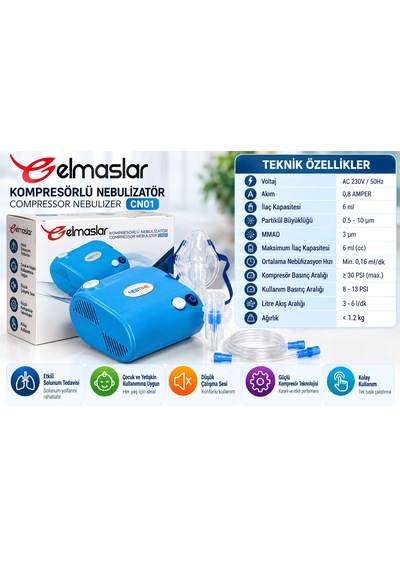 Elmaslar Cn01 Kompresörlü Nebülizatör Cihazı 6 Ml Çocuk Ve Yetişkin Kullanımına Uygun