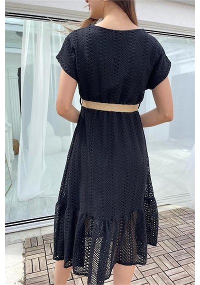 Neşeli Butik Kadın Siyah Hasır Kemerli Dantel Elbise Dk0001 Siyah