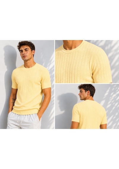 Ribana Erkek Bisiklet Yaka Kısa Kollu Esnek Örme Triko T-shirt 26091 Sarı