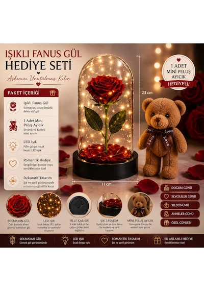 Led Işıklı Mika Fanus Solmayan Yapay Kırmızı Gül & 1 Mini Peluş Ayıcık Sevgiliye Romantik Hediye Set