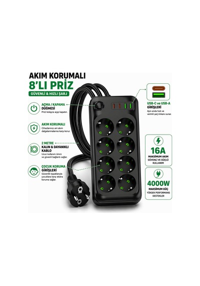 Akım Korumalı 8 Li Priz, Usb-c & Usb-a Hızlı Şarjlı Çoklu Priz, 16a 4000w Yüksek Güç, 2 Metre Kalın Kablo, Çocuk Korumalı Anahtarlı Priz, Yoğun Kullanım İçin Profesyonel Power Strip