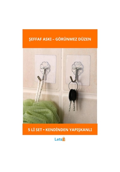Kendinden Yapışkanlı Şeffaf Çok Amaçlı Kanca 5'li Paket 1 Adet