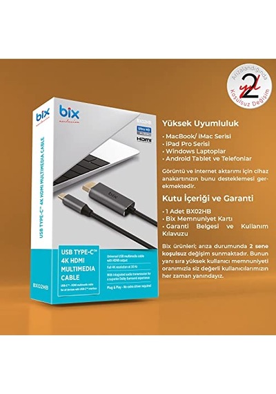 Bx02hb Usb-c To 4k 30hz Hdmı Kablo 1.8 Metre Windows Mac Android Uyumlu Hdcp Destekli Gri