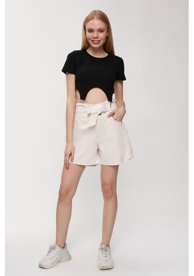 Hgfashion Kadın Beli Kemerli Yüksek Bel Krem Renk Kot Şort Krem