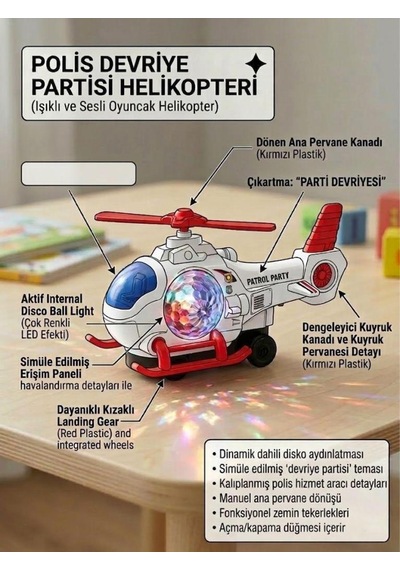Polis Tasarımlı Devriye Partisi: Işıklı Müzikli ve Pilli Oyuncak Polis Helikopteri