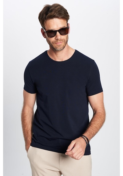 Tudors Erkek Slim Fit Dar Kesim Pamuklu Likralı Esnek Kumaş Basic Lacivert Bisiklet Yaka Tişört-31552 Lacivert
