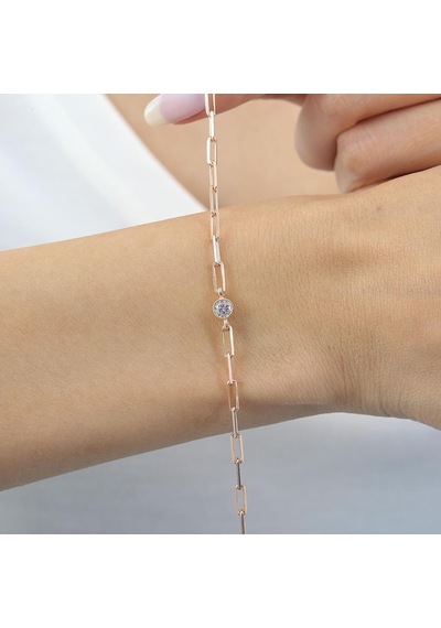 İtalyan Tasarım Ataç Zincirli Tek Işıltım Rosegold Gümüş Bileklik