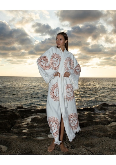 Befera Müslin Kimono Pamuklu Güneş Baskılı Desenli Bornoz Kaftan Sabahlık Ekru