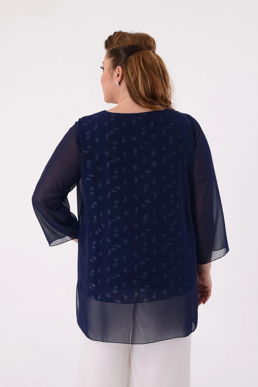 Lilas Xxl Büyük Beden Lacivert Renkli Desenli Şifon Abiye Bluz Lacivert