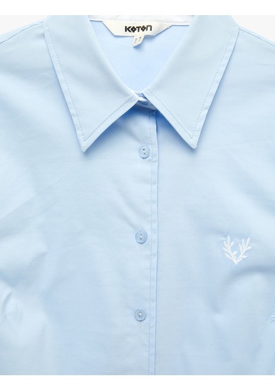 Koton Pamuklu Slim Fit Nakış Detaylı Uzun Kollu Poplin Gömlek Mavi 7wak60154uw